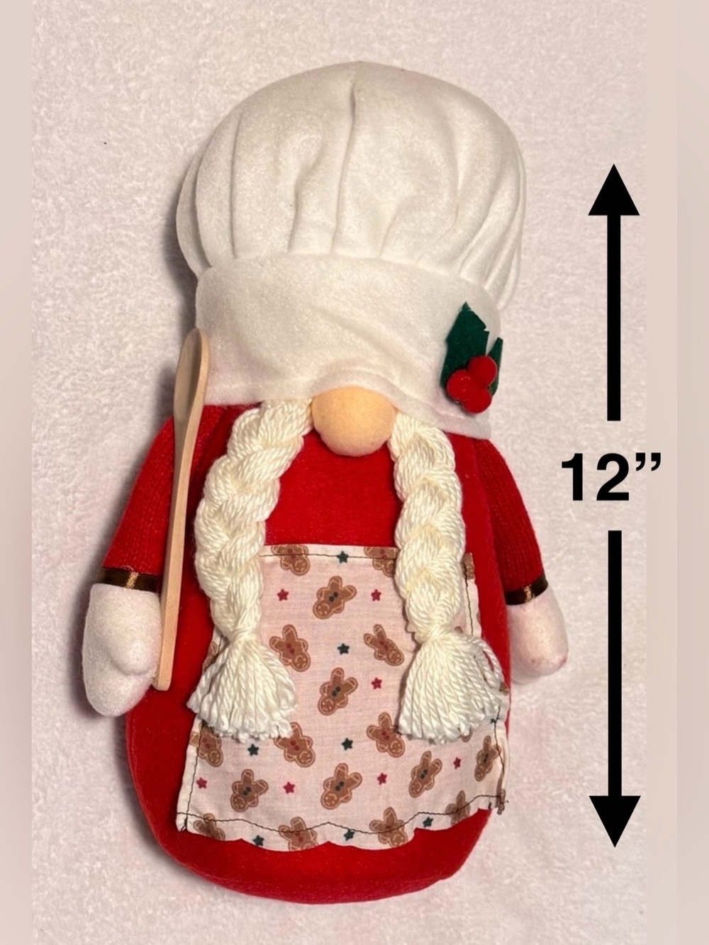 Gingerbread Baker Gnome Plush Holiday Shelf Sitter w/Hair Braids & Wooden Spoon